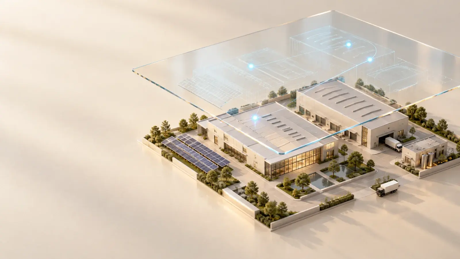 Conceptual architectural model of a connected industrial campus with a glass digital twin