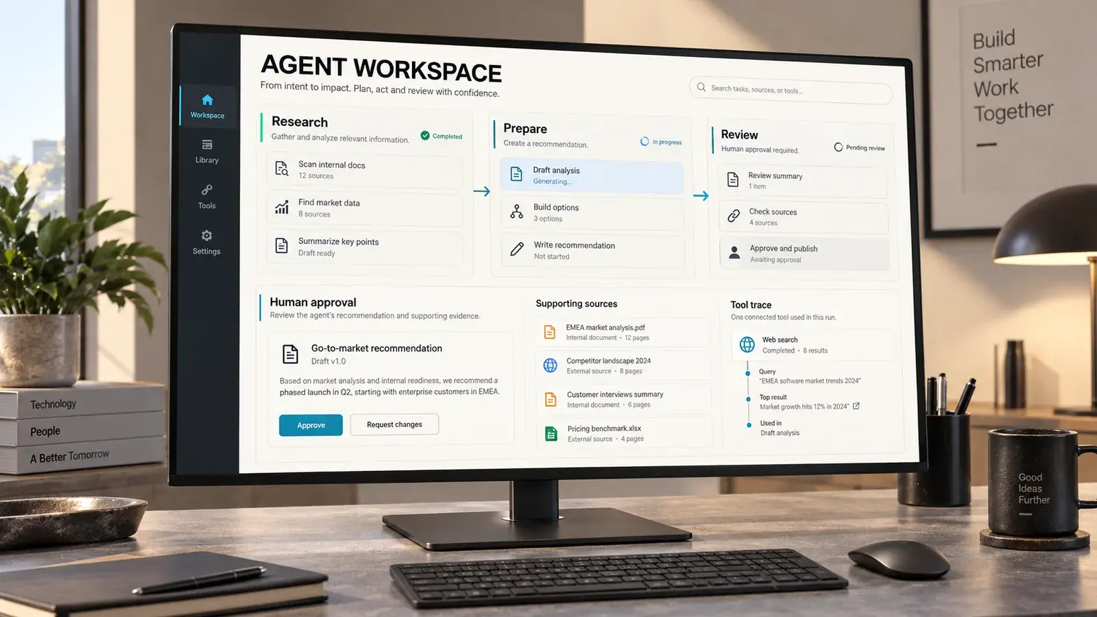 AI-generated concept: An agent operations screen with research, preparation, human review and supporting sources.