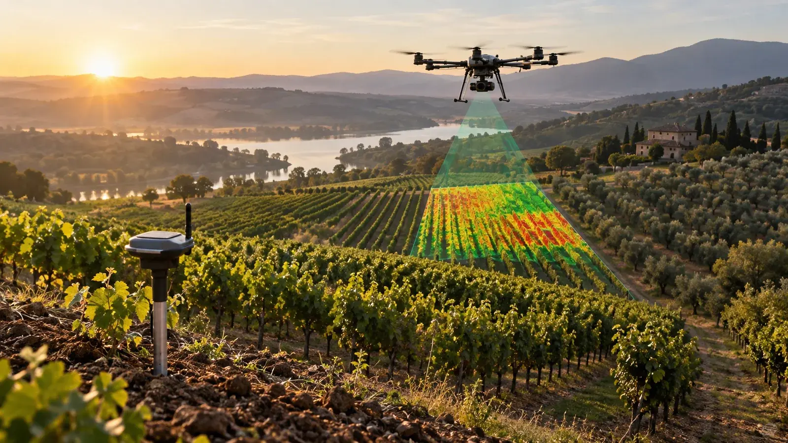 AI-generated concept: Crop rows, a survey drone and a small multispectral field overlay.
