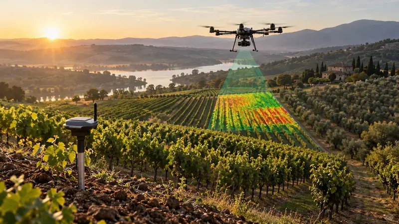 AI-generated concept: Crop rows, a survey drone and a small multispectral field overlay.