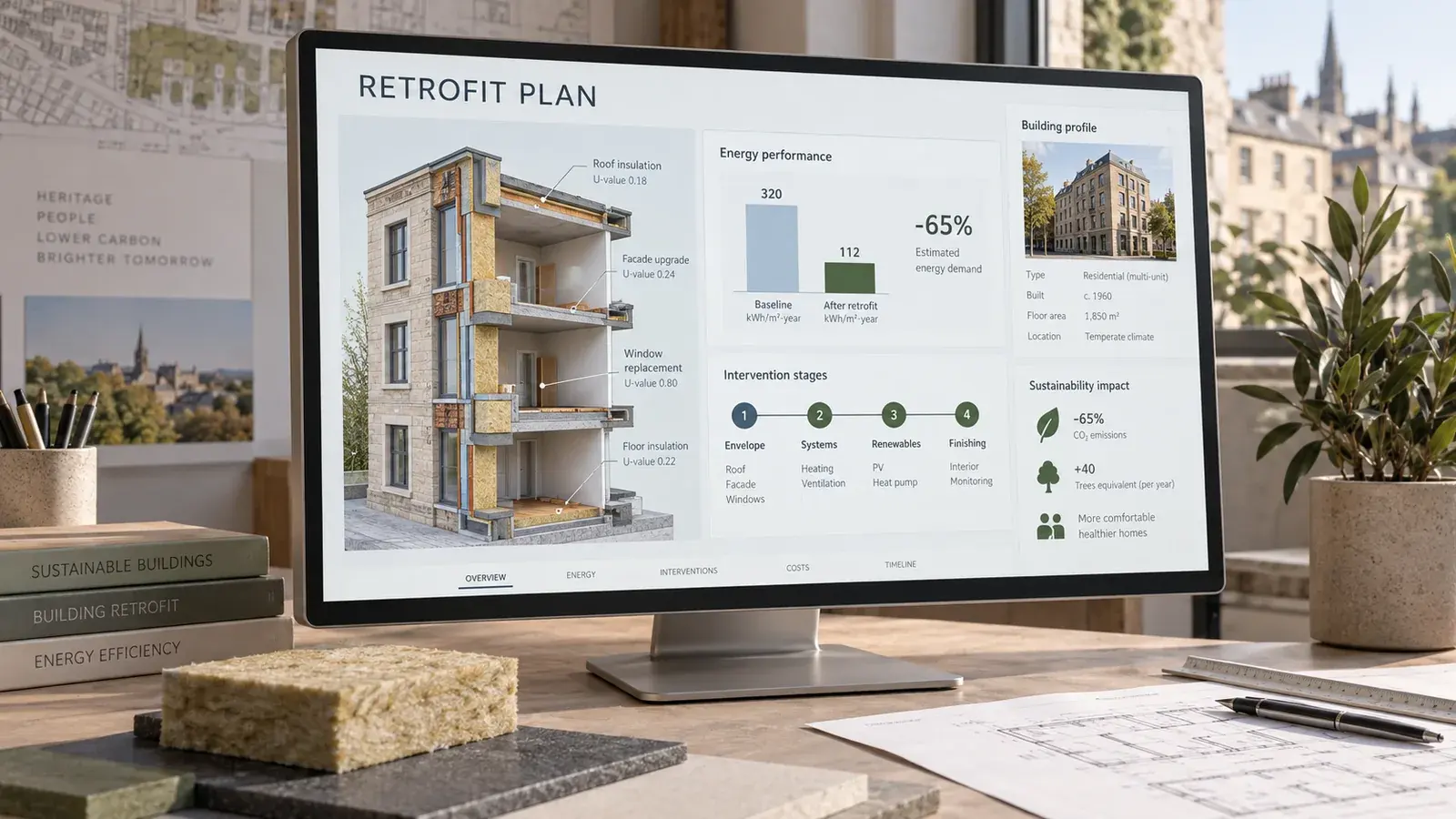 AI-generated concept: A retrofit planning screen displaying building layers and illustrative energy scenarios.
