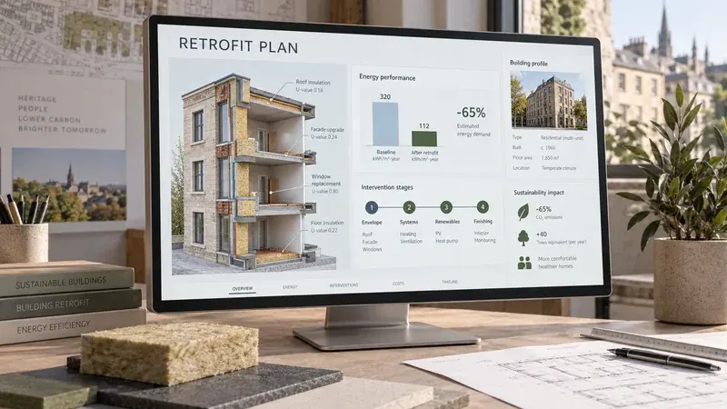 AI-generated concept: A retrofit planning screen displaying building layers and illustrative energy scenarios.