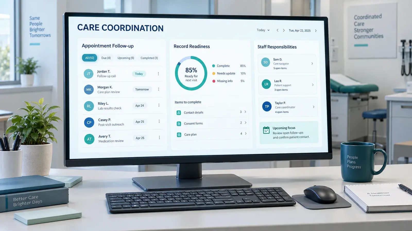 AI-generated concept: A care coordination screen with appointment follow-ups, record readiness and staff responsibilities.