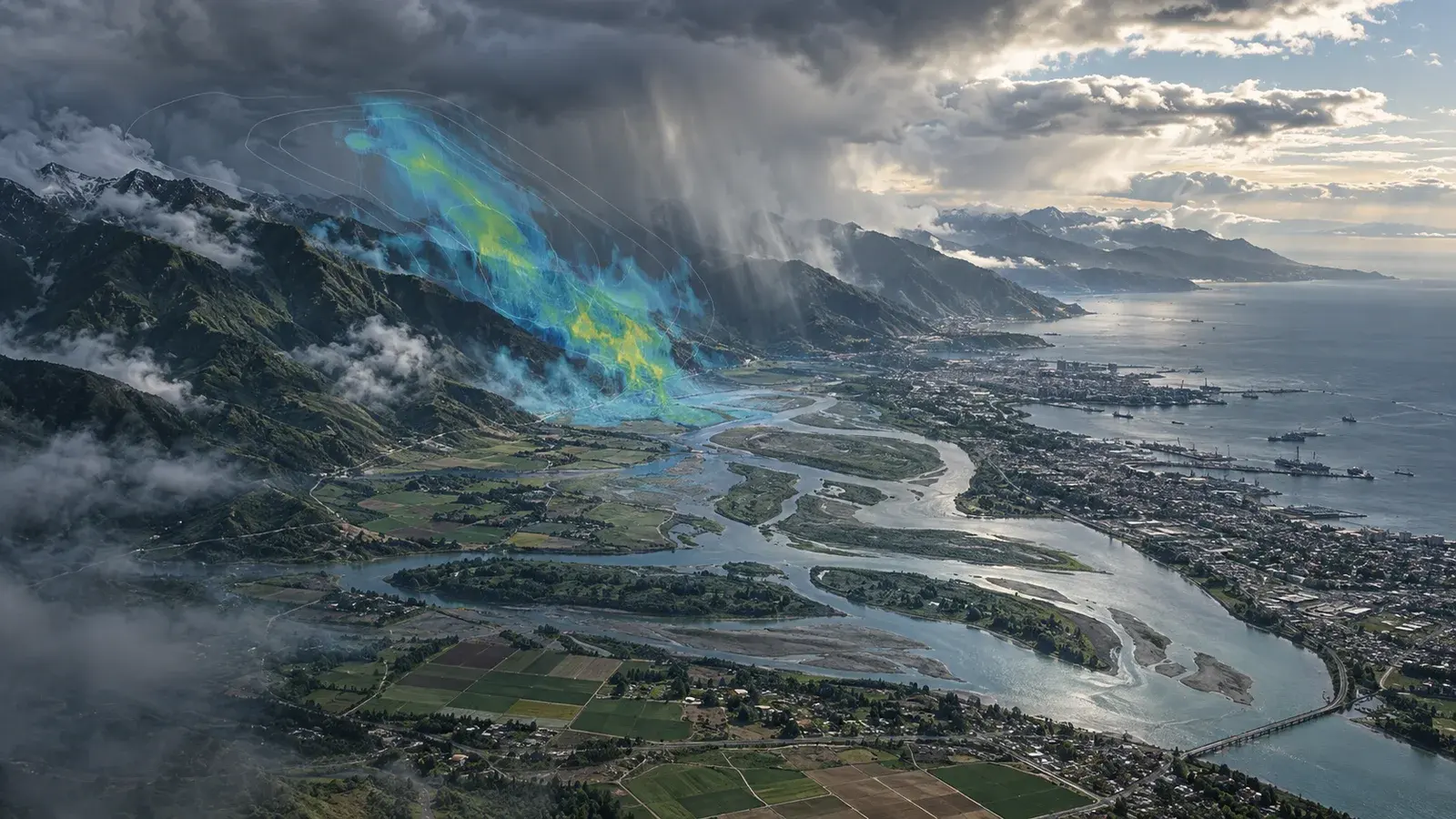 AI-generated concept: A river catchment visualisation with weather and flood-planning overlays.