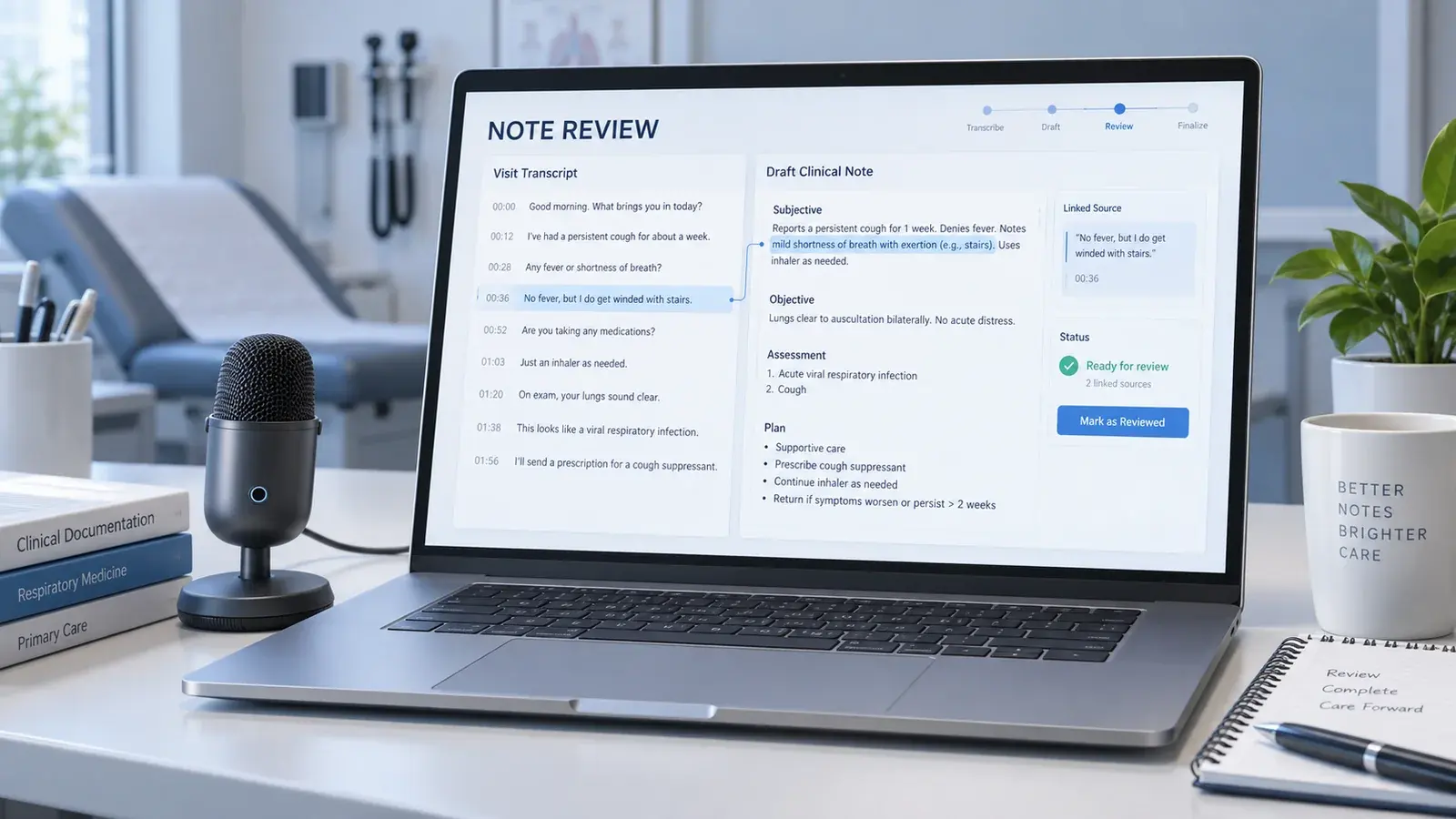 AI-generated concept: A clinical note draft linked to passages in a visit transcript, awaiting professional review.