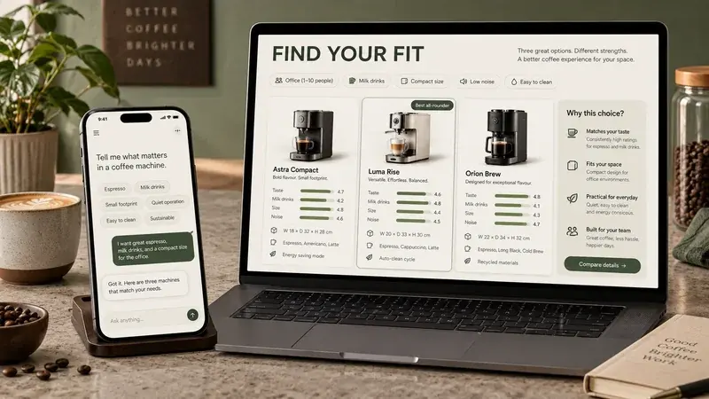 AI-generated concept: A laptop and phone comparing coffee-machine options against a shopper’s stated needs.