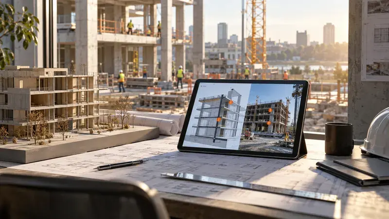 AI-generated concept: A construction model, drawings and a BIM coordination tablet.