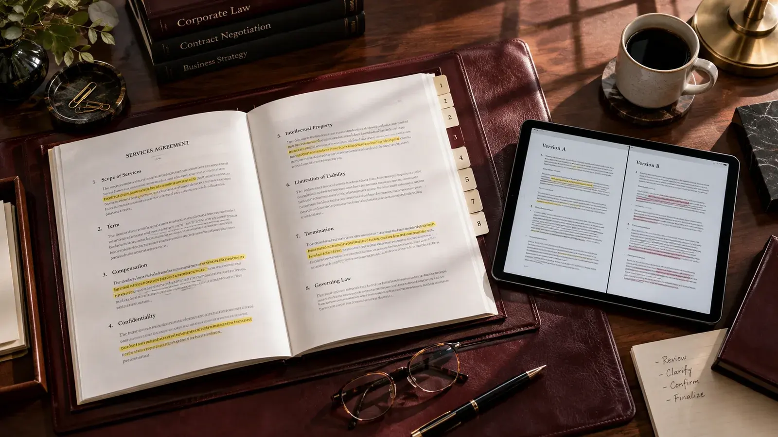 AI-generated concept: A contract comparison with highlighted clauses and review notes.