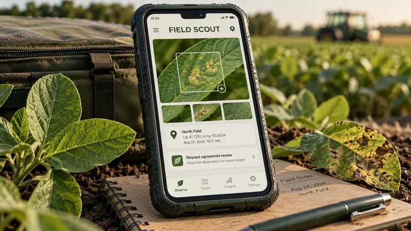 AI-generated concept: A field phone documenting a leaf observation for agronomist review.