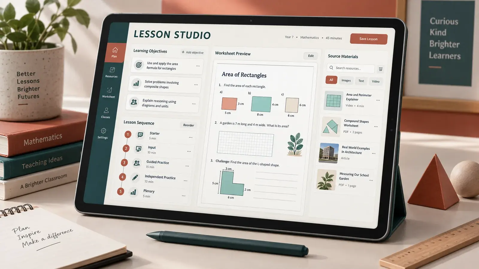AI-generated concept: An educator tablet with lesson objectives, a geometry worksheet and source materials.