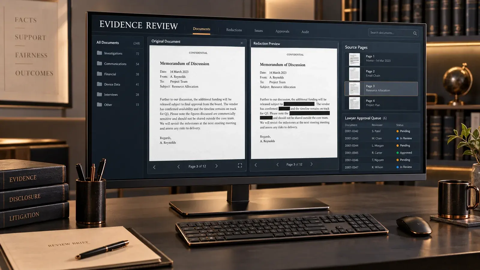 AI-generated concept: A legal review workstation comparing source documents with a redaction preview.