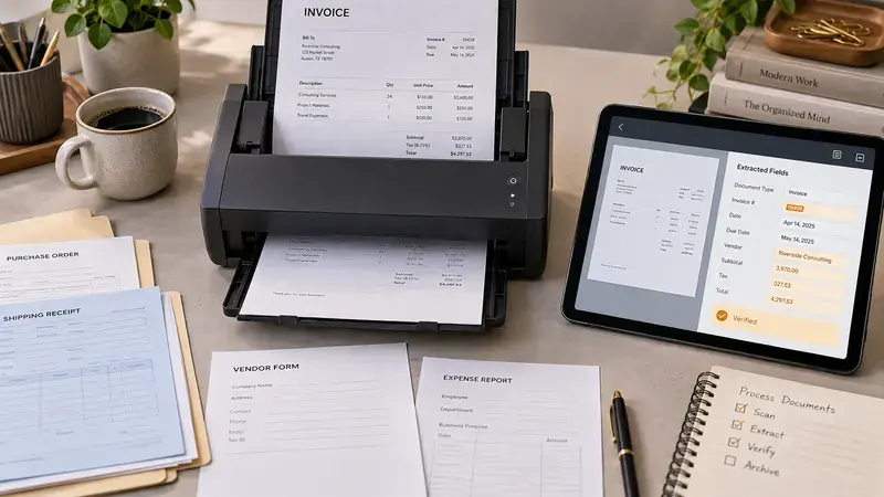 AI-generated concept: A document scanner, source forms and a structured extraction view.