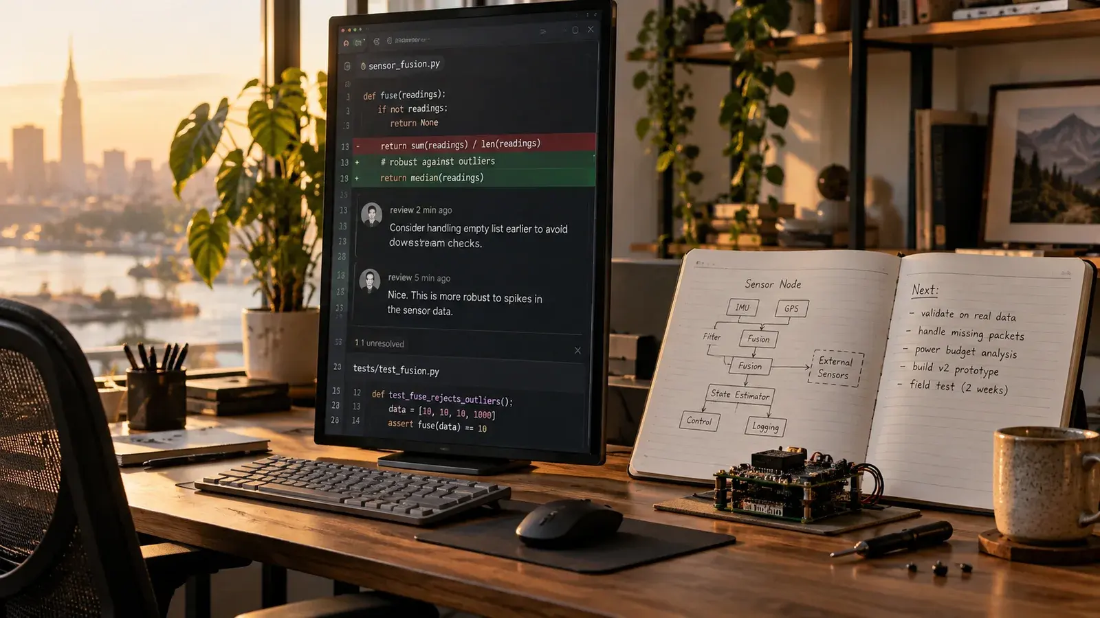 AI-generated concept: A development desk with a code review and dependency notes.
