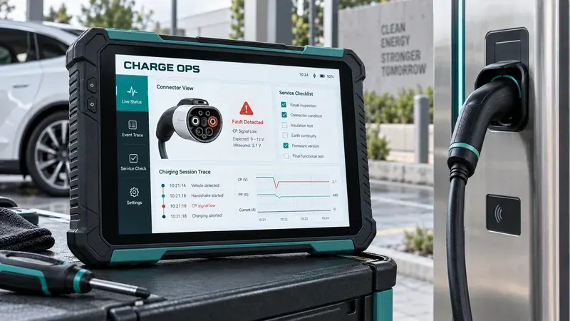 AI-generated concept: A charging maintenance tablet showing a connector fault, session trace and service checklist.