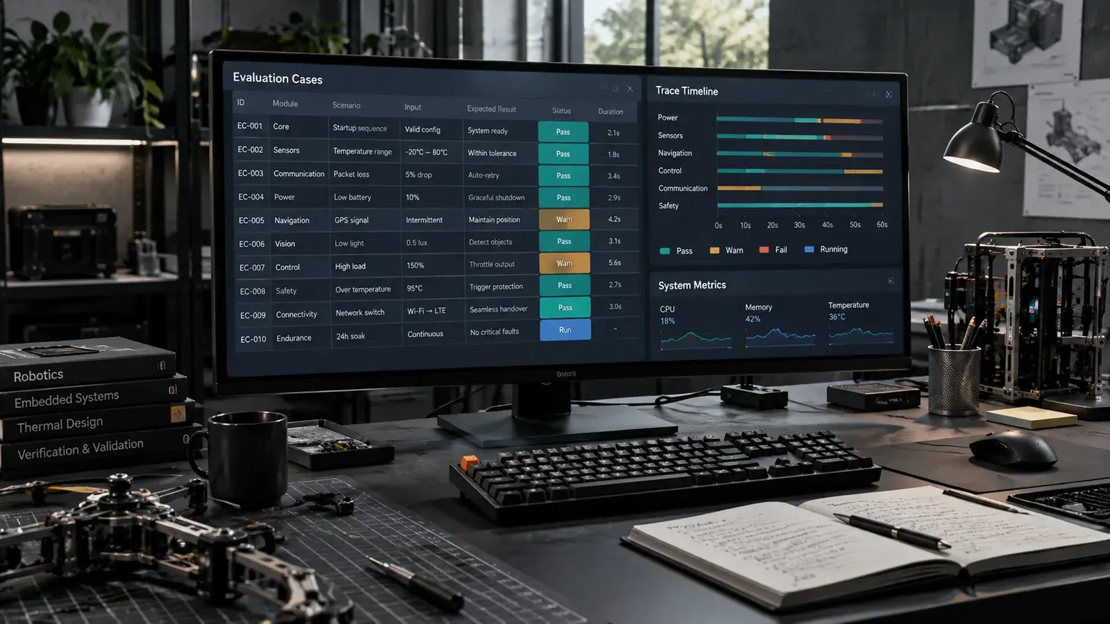 AI-generated concept: An engineering workstation displaying an evaluation matrix and execution traces.