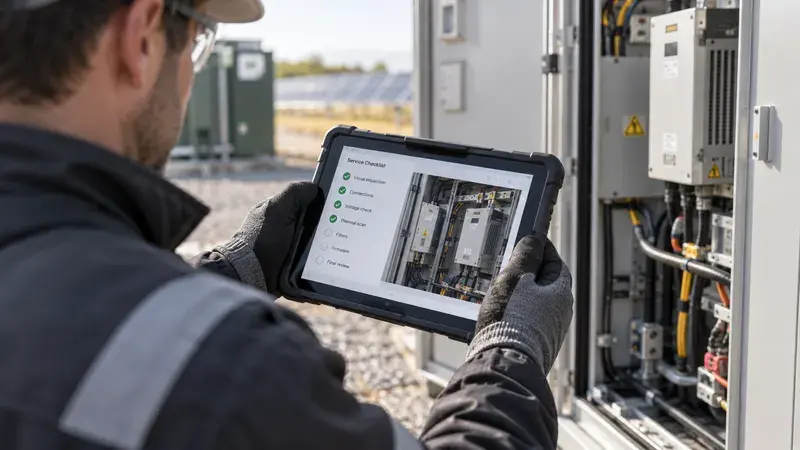 AI-generated concept: A field technician consulting a rugged service tablet beside equipment.