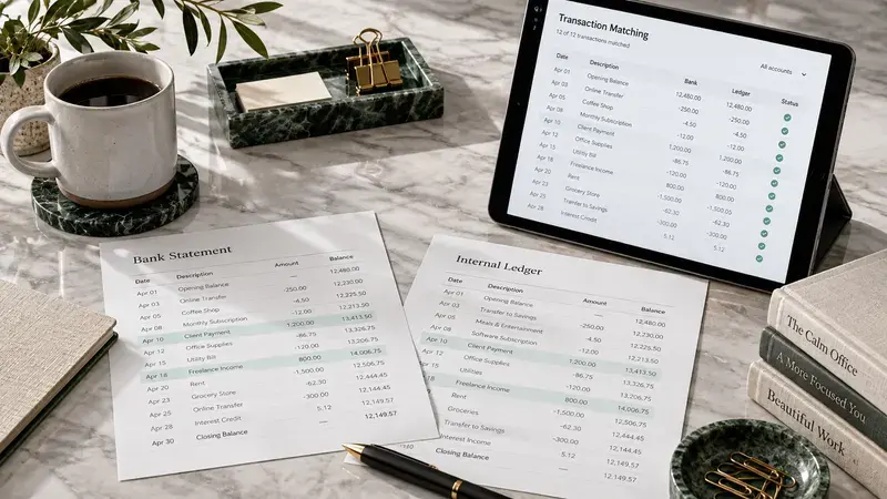 AI-generated concept: A finance desk with ledgers, a calculator and transaction matching.