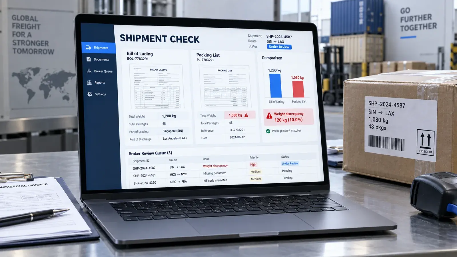 AI-generated concept: A freight laptop highlighting a weight discrepancy across shipping documents.