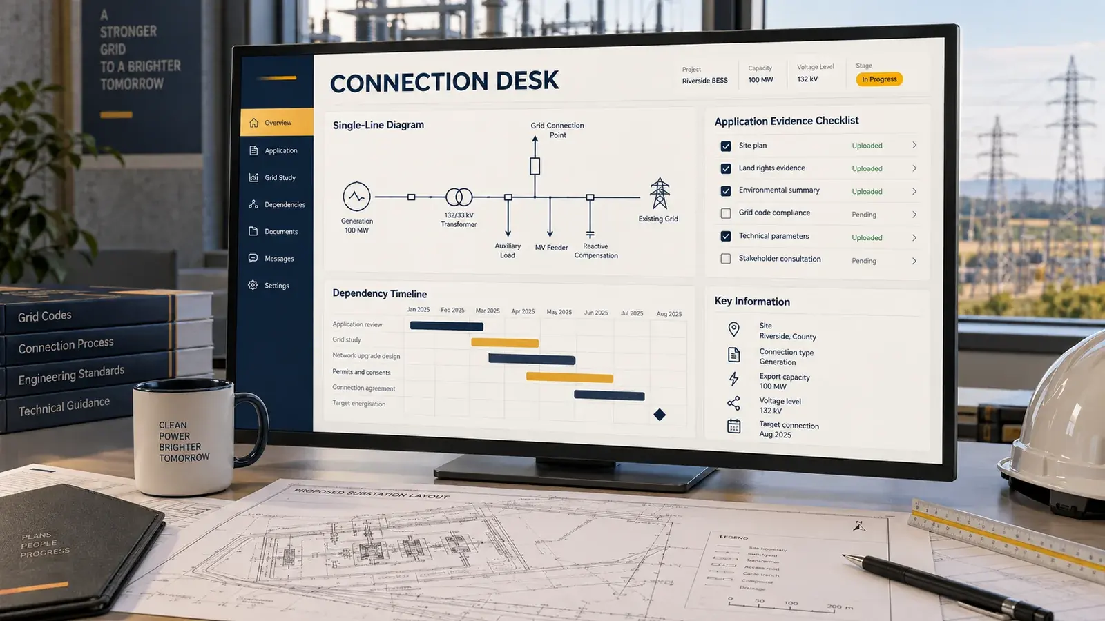 AI-generated concept: A grid connection workspace with an electrical diagram and application evidence checklist.