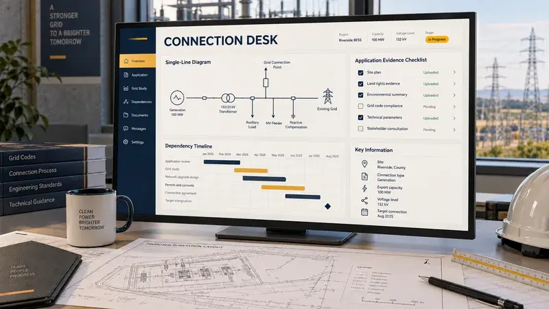 AI-generated concept: A grid connection workspace with an electrical diagram and application evidence checklist.