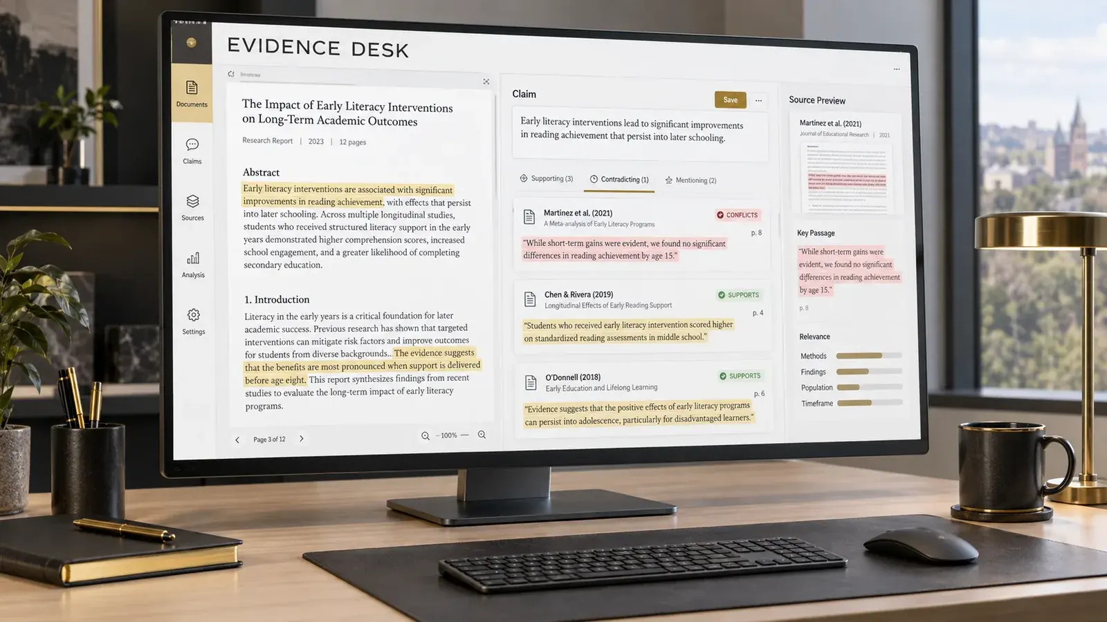 AI-generated concept: An evidence review screen connecting claims to supporting and conflicting passages.