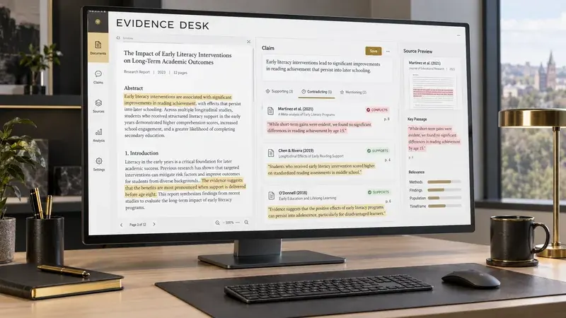 AI-generated concept: An evidence review screen connecting claims to supporting and conflicting passages.