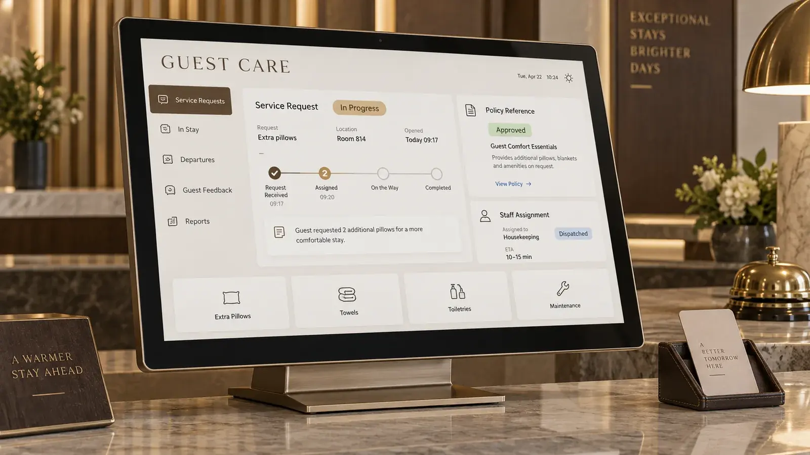 AI-generated concept: A hotel service screen tracking a guest request through staff assignment and completion.