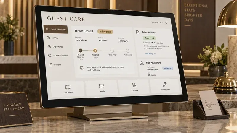 AI-generated concept: A hotel service screen tracking a guest request through staff assignment and completion.