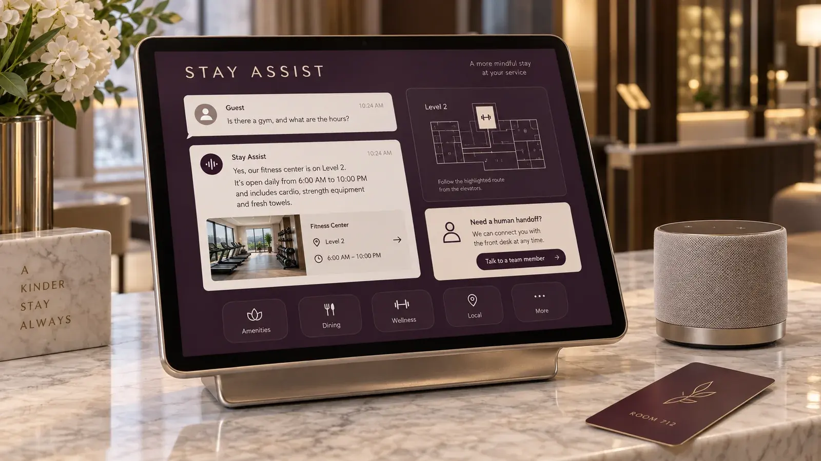 AI-generated concept: A hotel tablet presenting a guest conversation, amenity directions and a human handoff.