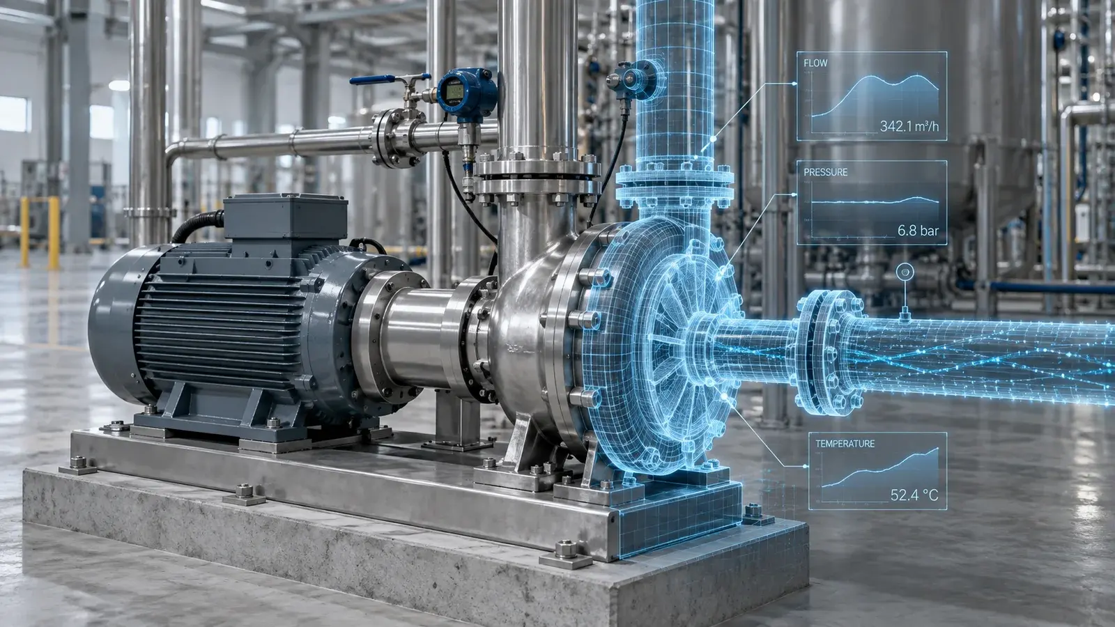 AI-generated concept: An industrial pump assembly paired with a transparent digital model.