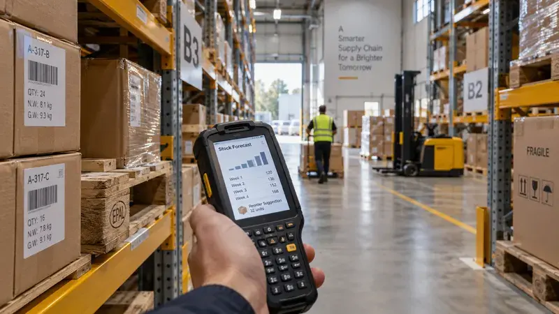 AI-generated concept: Warehouse stock shelves with a handheld inventory planning device.