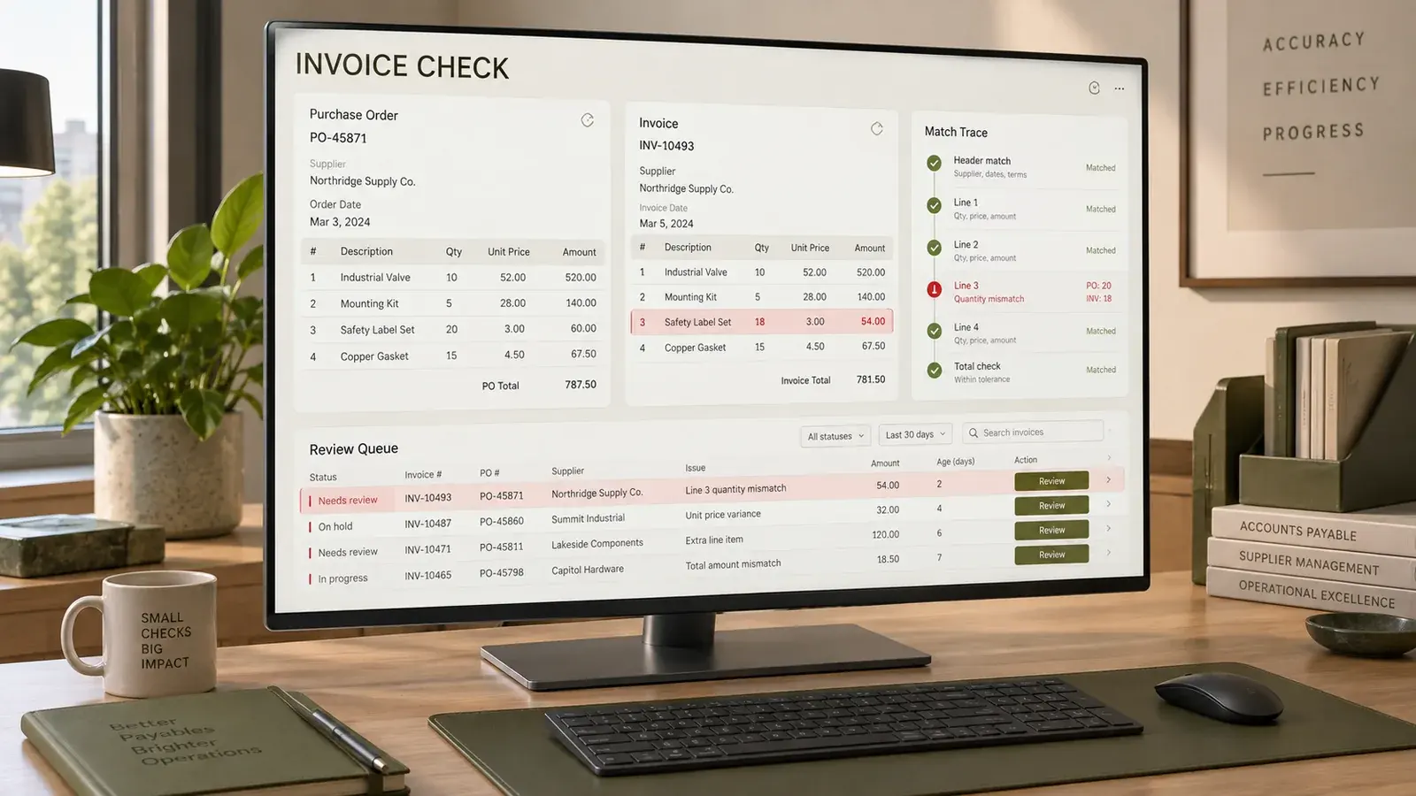 AI-generated concept: An accounts-payable screen highlighting a quantity mismatch between an invoice and purchase order.