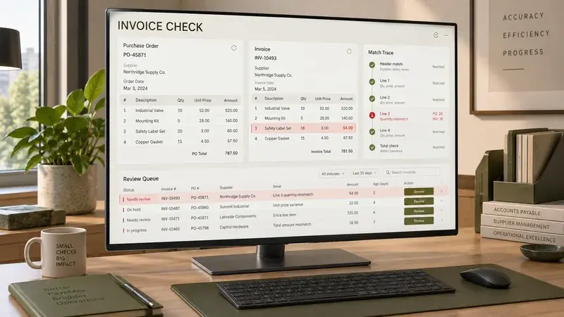 AI-generated concept: An accounts-payable screen highlighting a quantity mismatch between an invoice and purchase order.