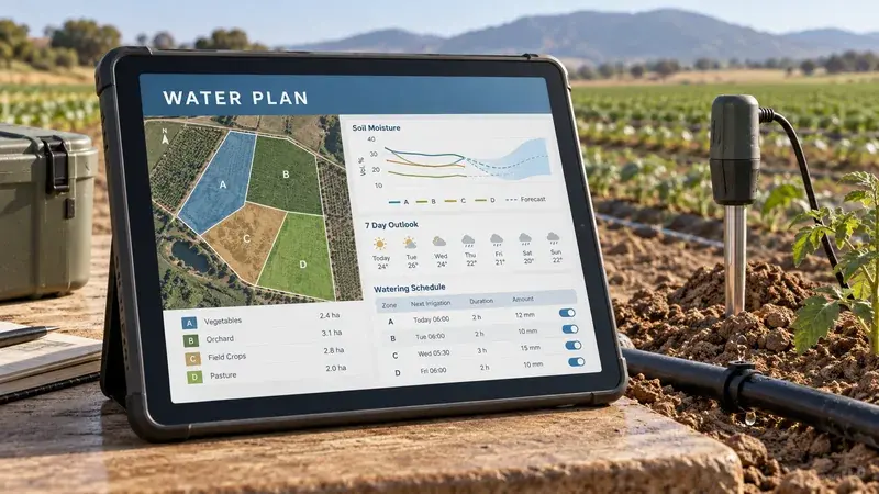 AI-generated concept: A field tablet with soil-moisture traces, weather context and a proposed watering plan.