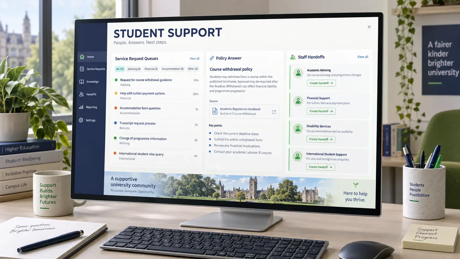 AI-generated concept: A student support workspace with policy references and staff handoff options.
