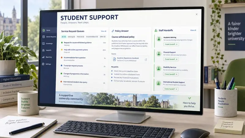 AI-generated concept: A student support workspace with policy references and staff handoff options.
