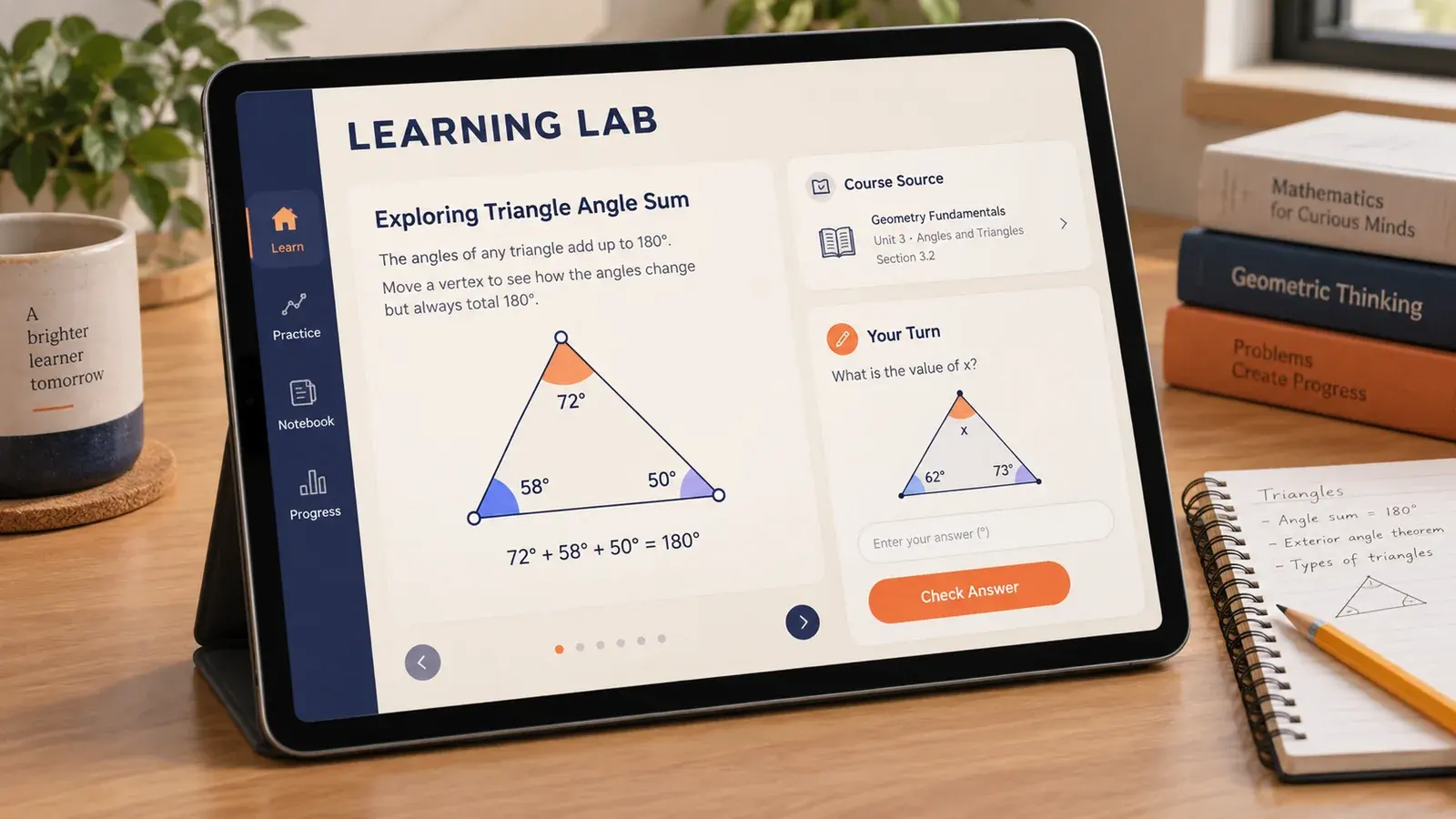 AI-generated concept: A learning tablet explaining triangle angles with a practice question and course reference.