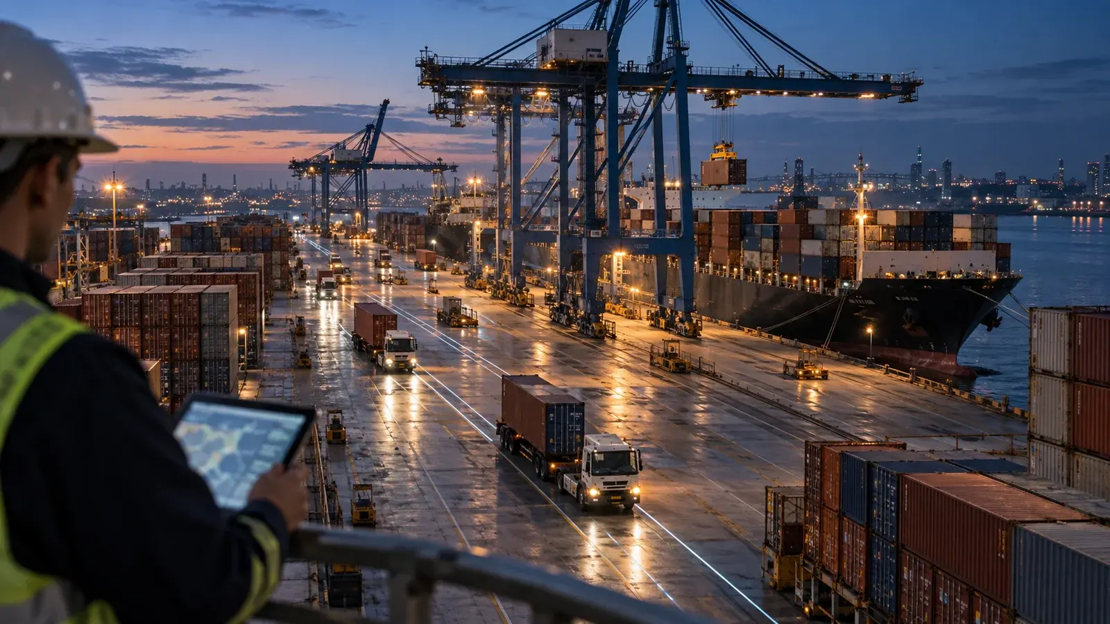 AI-generated concept: A container terminal with dispatch routes and freight handling infrastructure.