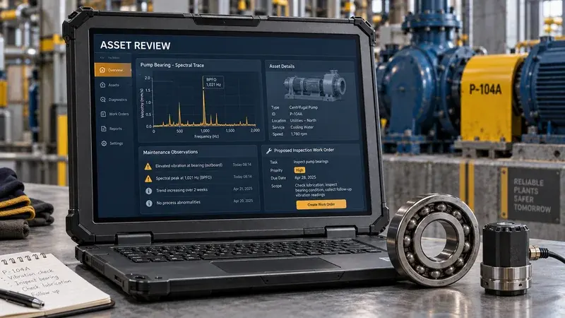 AI-generated concept: A maintenance laptop presenting a pump vibration trace and proposed inspection work order.