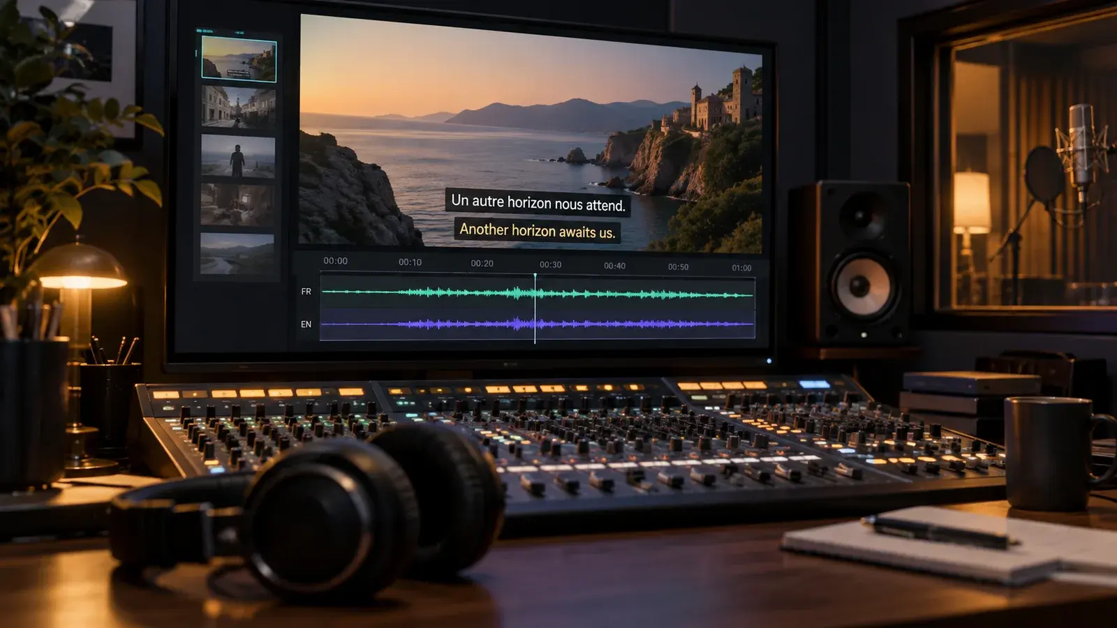 AI-generated concept: An audio studio with caption tracks and aligned media waveforms.
