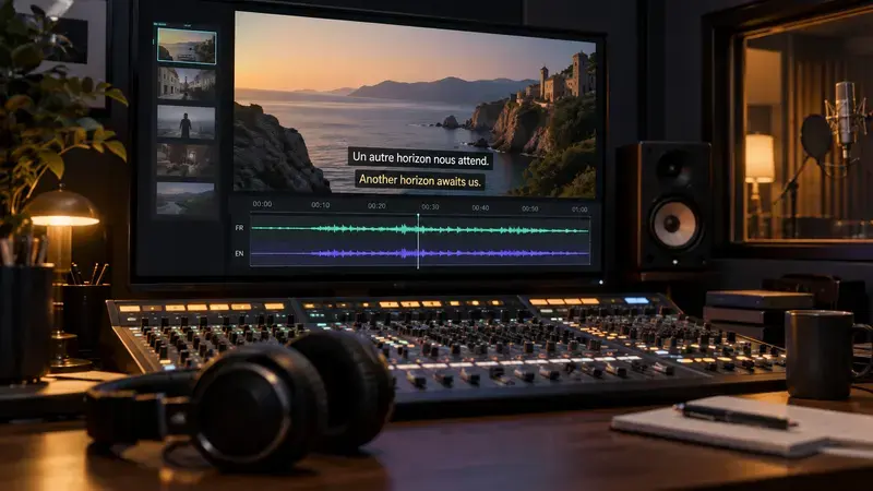 AI-generated concept: An audio studio with caption tracks and aligned media waveforms.