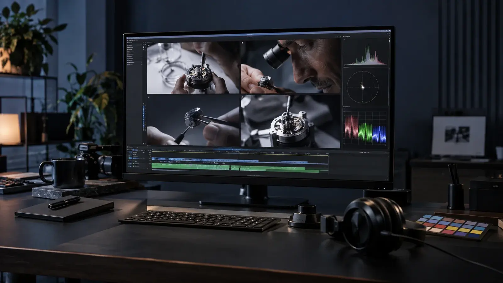 AI-generated concept: A media review suite with video frames, a timeline and audio equipment.