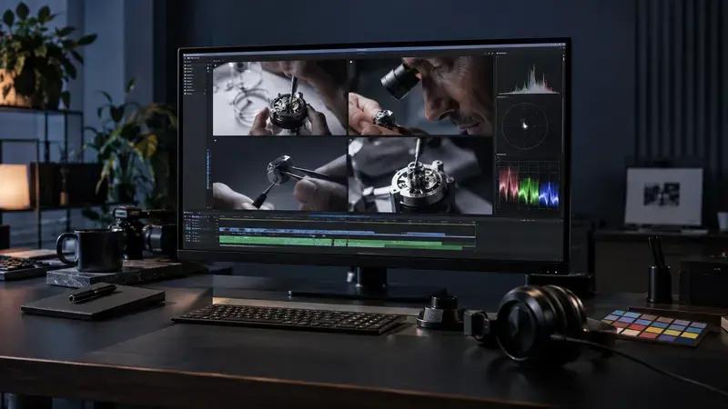AI-generated concept: A media review suite with video frames, a timeline and audio equipment.