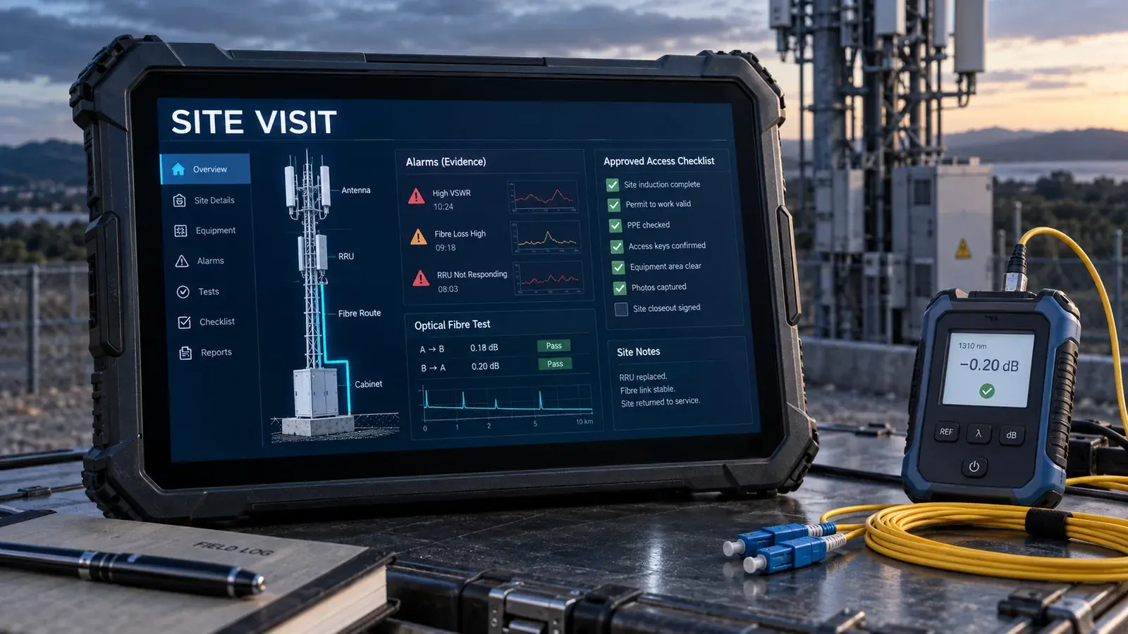 AI-generated concept: A rugged telecom tablet with tower equipment, alarm evidence and a site-visit checklist.