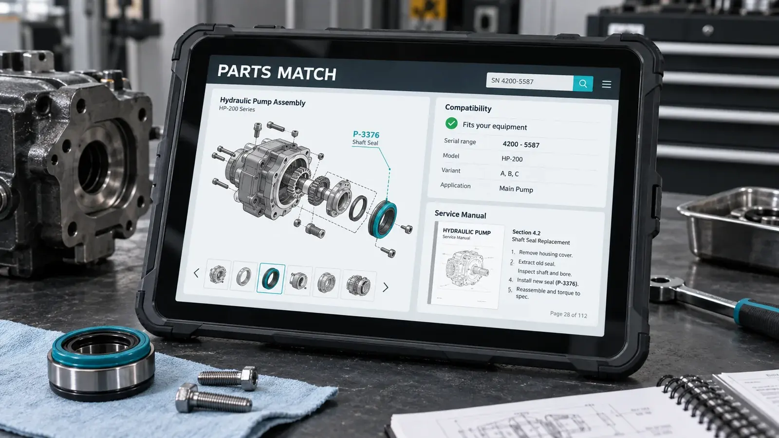 AI-generated concept: A service tablet with an exploded pump diagram, part compatibility and a source manual.