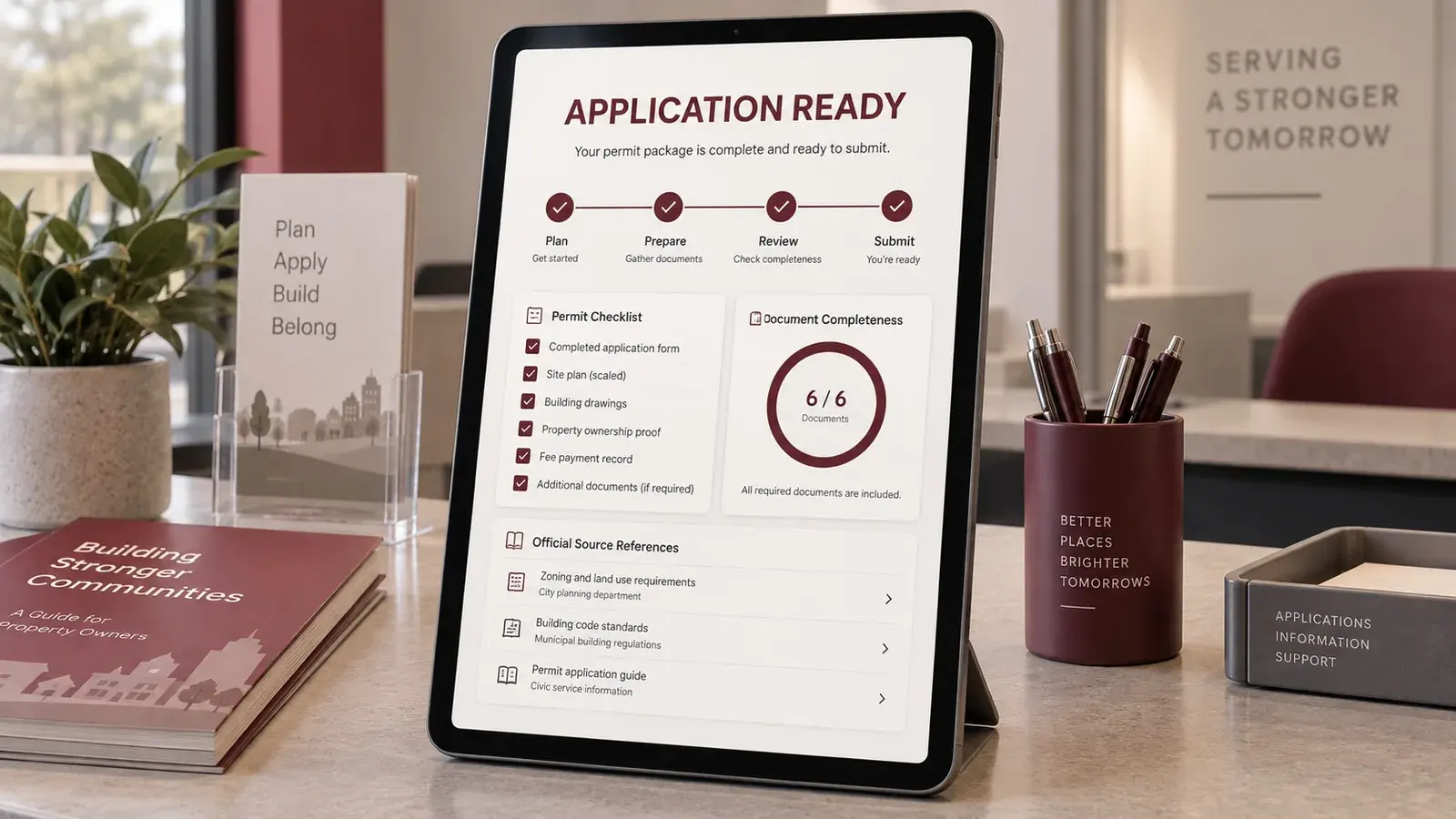 AI-generated concept: A civic-service tablet presenting an application checklist and document references.