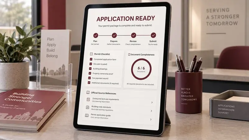 AI-generated concept: A civic-service tablet presenting an application checklist and document references.
