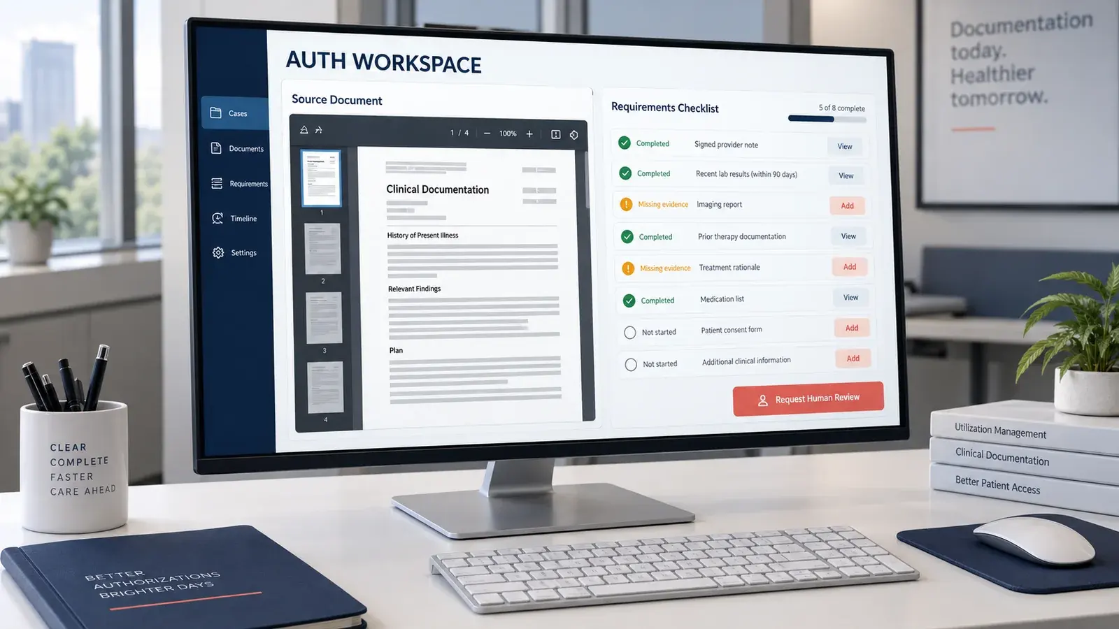 AI-generated concept: A prior-authorisation workspace comparing a source document with required evidence.