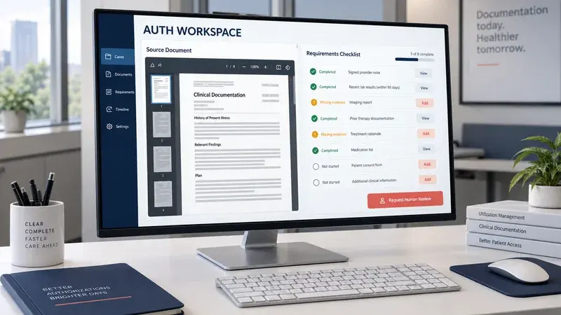 AI-generated concept: A prior-authorisation workspace comparing a source document with required evidence.