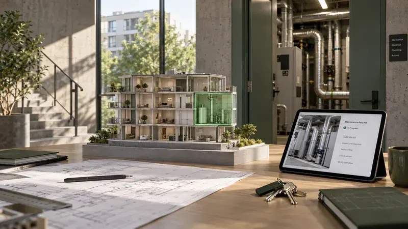 AI-generated concept: A building model and a property maintenance ticket workspace.